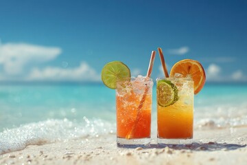 Obraz premium Refreshing Cocktails on a Tropical Beach with Turquoise Water.