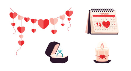 Valentines Day Symbols Collection with Hearts Ring and Calendar, Generative AI.