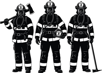 Firefighters team in uniform, emergency rescue professionals, safety gear illustration, fire department crew, emergency service heroes, vector silhouette illustration for safety and protection.