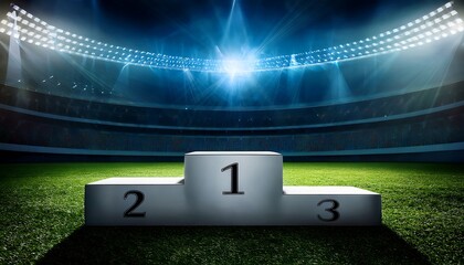 Inside the stadium's winner's stand, there is a soccer podium on grass.