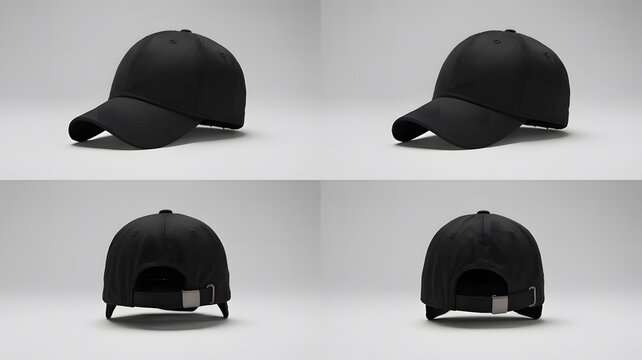 Four views of a plain black baseball cap on a white background