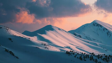 Snow-covered mountain range at sunset, pink-orange light on the ridges and small clusters of trees at the base. Concept Snowy mountain range, Sunset light, Pink-orange glow on ridges