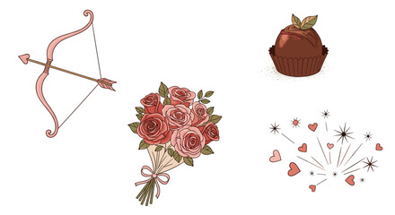 Valentines Day Symbols Cupids Bow Flowers Chocolate and Fireworks, Generative AI.