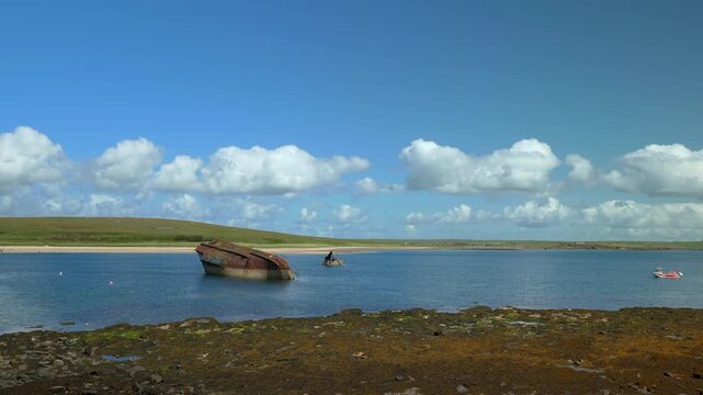 An sunken old vessel in Scapa Flow in the Orkney Islands, Scotland, UK