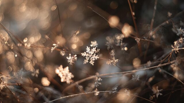 Delicate frost crystals on thin branches bathed in warm, backlit sunlight. Concept Frosty morning, Delicate frost, Backlit warmth, Thin branches, Golden light - Powered by Adobe