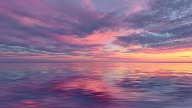 Sunset over a calm sea with pink and purple clouds reflecting on the water Concept Sunset Landscape, Calm Sea, Pink and Purple Clouds, Water Reflections, Evening Sky