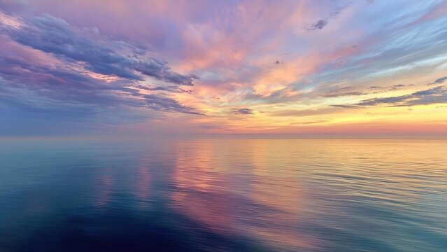 Calm sea at sunset with pastel clouds and reflections of pink, orange and blue on the glassy water. Concept Sunset Seascape, Pastel Clouds, Glassy Water Reflections, Pink Orange Blue Palette