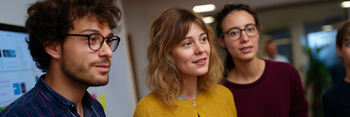 A diverse team of three professionals engages in a collaborative work session, demonstrating teamwork and innovation in a modern, well-lit office environment.