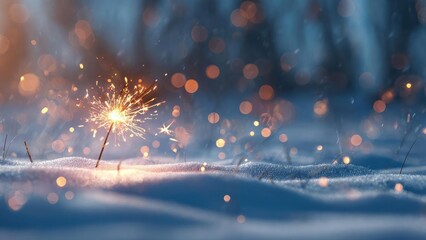 A sparkler stuck in the snow, sparks flying with a blue bokeh glow in the background. Concept Winter sparkler scene, Snowy setting, Sparkler sparks, Blue bokeh glow, Nighttime celebration