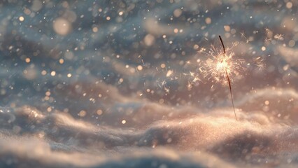 A lit sparkler stuck upright in snow, sparks flying as soft bokeh lights and falling snow fill the scene. Concept Winter Sparkler in Snow, Sparkler Sparks, Bokeh Lights, Falling Snow