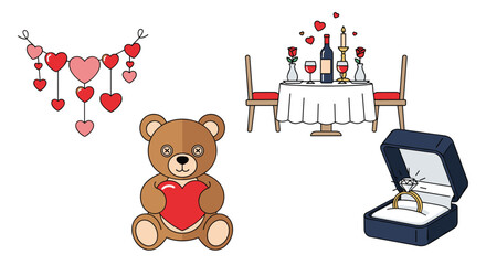 Valentines Day Symbols Collection with Teddy Bear and Ring, Generative AI.