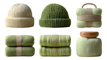 Green Knit Accessories Set with Beanie and Cushions on Transparent Background