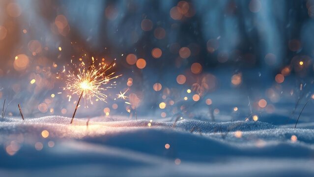 A sparkler stuck in the snow, sparks flying with a blue bokeh glow in the background. Concept Winter sparkler scene, Snowy setting, Sparkler sparks, Blue bokeh glow, Nighttime celebration