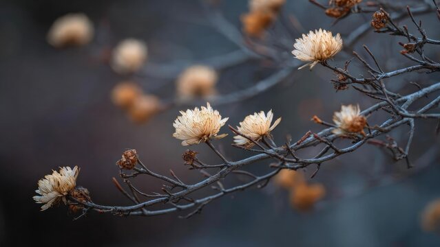 Dried pale blossoms on a leafless twig, with a soft, dark blurred background. Concept Dried pale blossoms, Leafless twig close-up, Moody low-key lighting, Soft dark bokeh background - Powered by Adobe