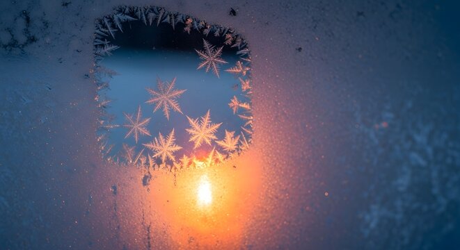 Close up of frost patterns on a window with a warm orange sunrise glowing through the ice