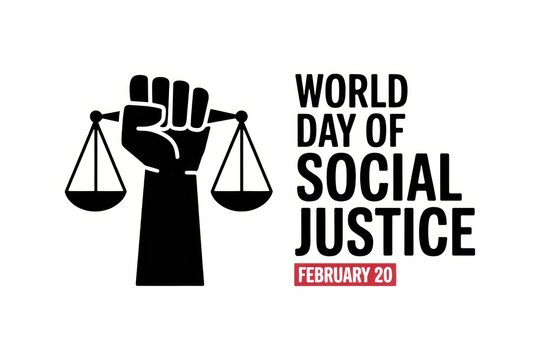 World day of social justice with fist holding scales on white background for february twentieth event