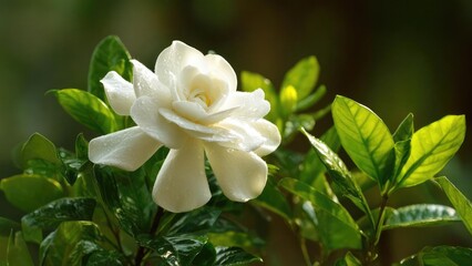 Fototapeta premium White gardenia bloom among glossy green leaves with dewdrops on its petals. Concept White Gardenia Bloom, Glossy Green Leaves, Dewy Petals, Close-Up Floral Detail, Garden Flower Portrait