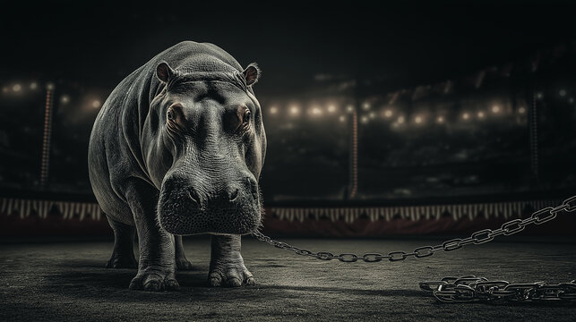 Hippo stands in a circus arena while tethered by a chain. Dim stadium lights create a dramatic mood.