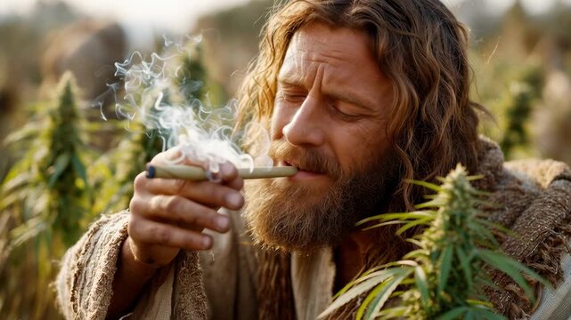 Man looking like Jesus Christ smoking in cannabis field