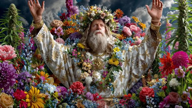 Video of psychedelic god or prophet in flowers and plants