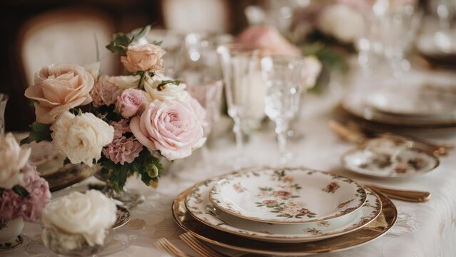 Elegant formal table setting with pastel rose centerpiece, floral china, gold flatware and crystal glassware. Concept Elegant formal table setting, Pastel rose centerpiece, Floral china - Powered by Adobe
