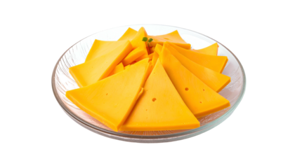 Bright orange cheese slices fanned out on a clear glass plate against a light background