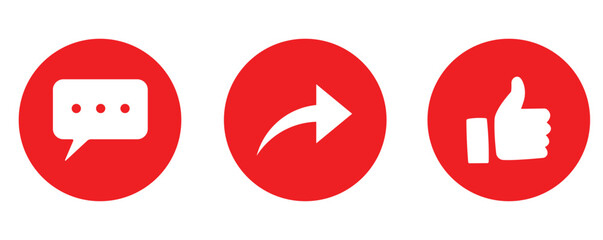 White Social Media Icons on Red Circles Representing Comment, Share, and Like Engagement Buttons