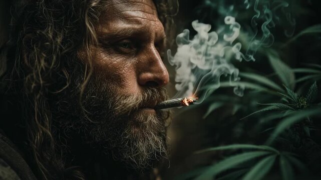 Man looking like Jesus Christ smoking in cannabis field
