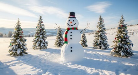 Smiling snowman stands tall in a snowy winter landscape surrounded by evergreen trees