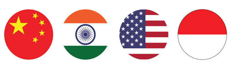 Vector Set of Circular National Flags: China, India, USA, Indonesia