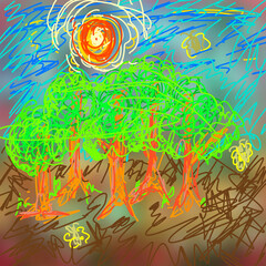 Colorful Forest Landscape in Childlike Drawing Style