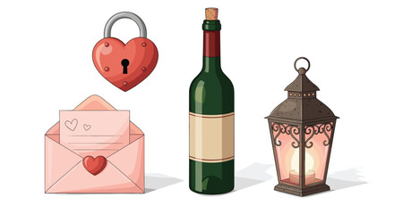 Vintage Valentine Objects Collection Heart Lock Envelope Wine Bottle Lantern, Generative AI.