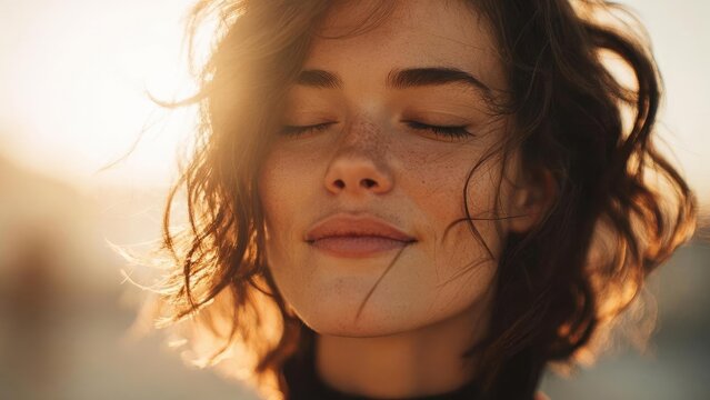 Close-up of a freckled woman with eyes closed, smiling softly as warm sunset light brushes her face. Concept Close-up Portrait, Freckled Skin, Sunset Lighting, Soft Smile, Golden Hour Glow