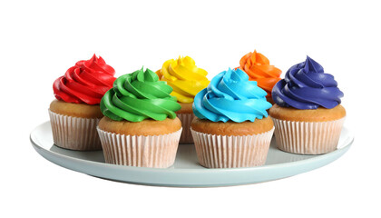 Six frosted cupcakes on a white plate, each with vibrant swirls of different colored frosting