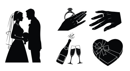 Wedding Icons Silhouette Collection Bride Groom Rings Champagne Gift, Generative AI.