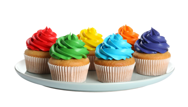 Six frosted cupcakes on a white plate, each with vibrant swirls of different colored frosting