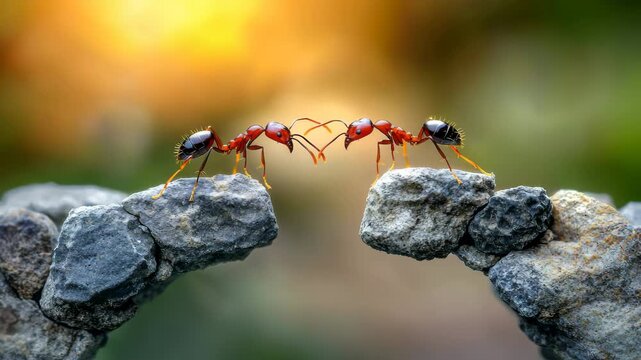 Two red ants crossing a stone bridge during sunset in a natural setting