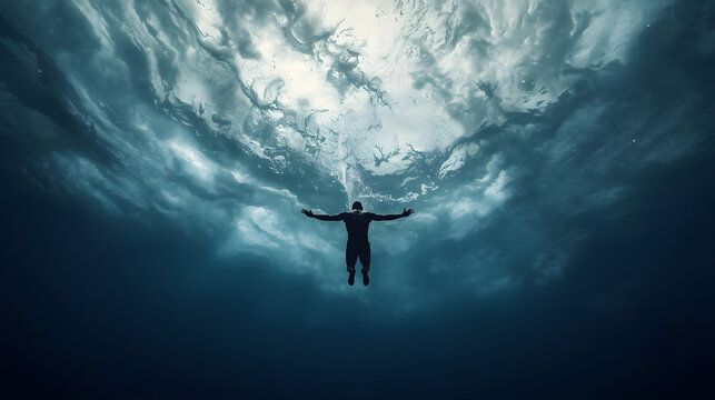 Embracing the Deep: A lone figure suspended in the ethereal depths of the ocean, arms outstretched, with light dancing above. An evocative image about serenity.