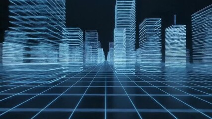 Futuristic blue city skyline at night with glowing neon skyscrapers. Modern metropolis illuminated in cyberpunk style. Digital urban landscape with luminous buildings and electric atmosphere - Powered by Adobe