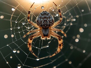 Obraz premium Spider in its Web A Detailed Close-Up Capturing Water Droplets and Delicate Strands