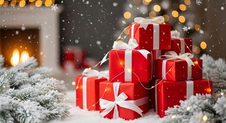 Stack of festive red christmas presents tied with white ribbon decorated with snow and bokeh lights