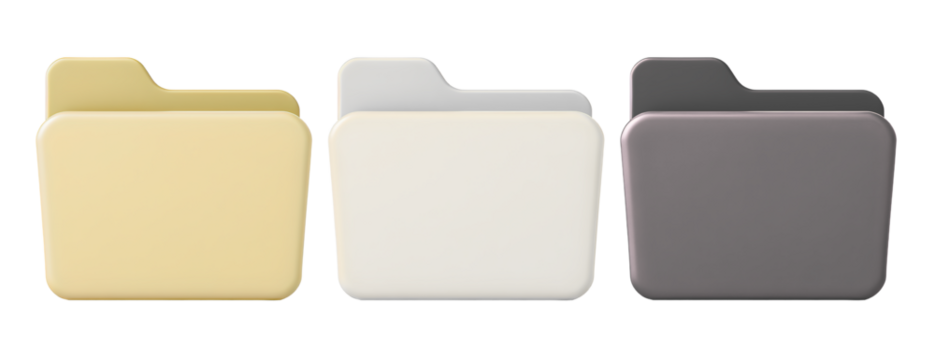 Set of three colored folder icons in Gold, white, and black. Ideal for file organization, user interface, storage system, digital design, apps, or web graphics.