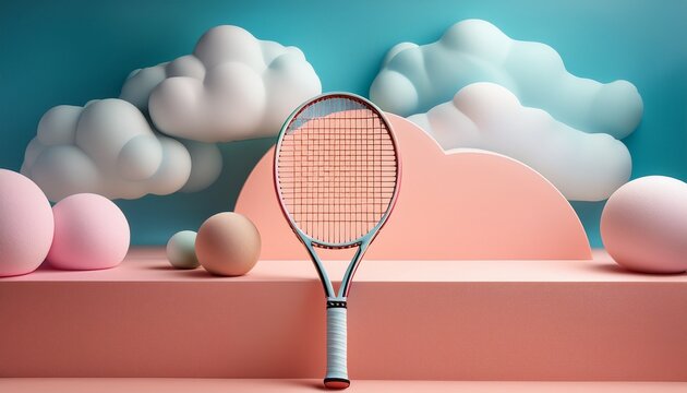 minimalist tennis racket in pastel landscape with geometric shapes and soft clouds