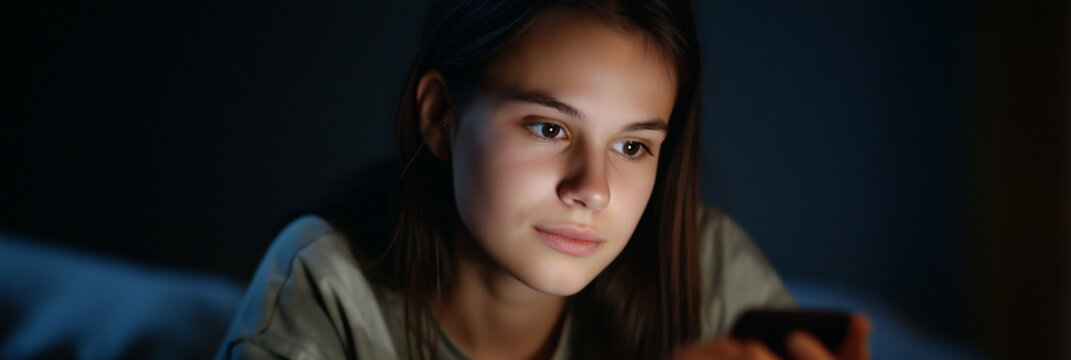A young woman absorbed in her smartphone, reflecting the modern lifestyle and digital engagement, showcasing the interplay of technology, youth, and late-night activities.