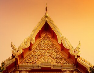 Fototapeta premium ornate golden architectural details of traditional thai temple against soft orange background
