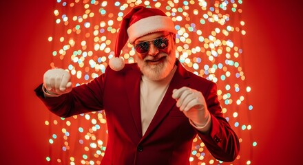 Dapper gentleman in festive attire radiates joy with a wink and a twinkle, creating a jubilant moment.