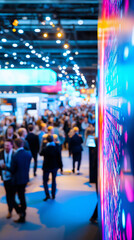 Naklejka premium Business people attending a trade show in a large exhibition hall. 