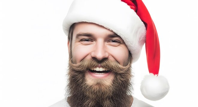 A cheerful man with a full beard and a red and white hat grins, radiating holiday spirit and joyfully.
