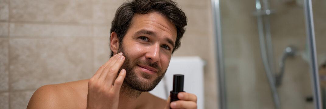 A man with a focused expression gently applies skincare products to his face in a modern bathroom setting, highlighting the importance of self-care and personal grooming.