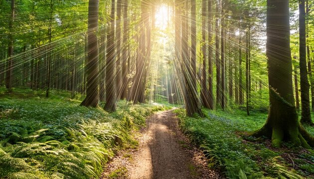 sunlight through trees in lush green forest pathway with soft rays illuminating nature